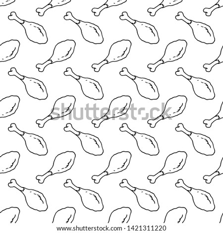 Seamless pattern doodle chicken leg icon. Hand drawn black sketch. Sign symbol. Decoration element.  Isolated on the white background. Flat design. Vector illustration.