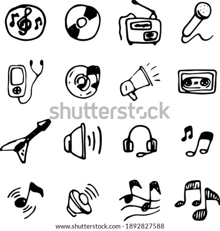 Multimedia hand drawn icons: photo, video, music vector set.