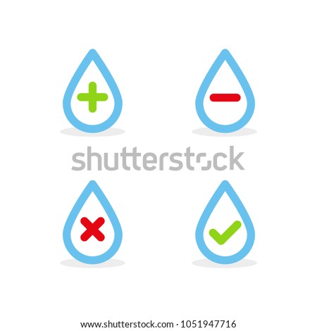 Set: Water drops with plus, minus, tick and cross symbols. Vector illustration, flat design