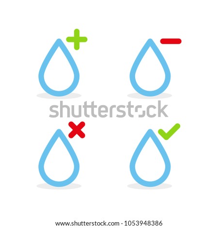 Set: Water drops with plus, minus, tick and cross symbols. Vector illustration, flat design