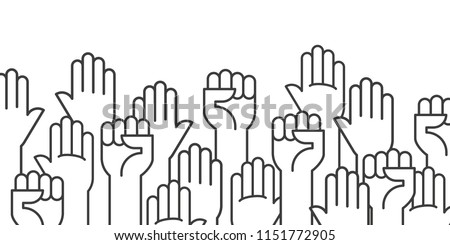 Fists hands up vector illustration. Concept of unity, revolution, fight, cooperation. Flat outline design.