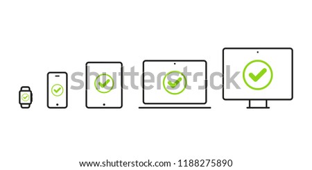 Device Icons: smartwatch, smartphone, tablet, laptop and desktop computer. Green checkmark. Concept of quality, warranty, reliability, optimization, responsive. Vector illustration, flat design