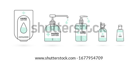 Hand sanitizer containers icon set. Washing alcohol gel used against viruses, bacteria, flu, coronavirus. Waterless hand cleaner. Handwashing. Black outline. Vector illustration, flat design