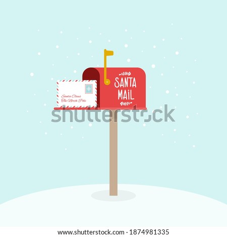 Opened outdoor Christmas mailbox with letters. Santa Claus mail. Raised mailbox flag. Vector illustration, flat design