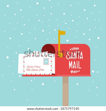 Opened outdoor Christmas mailbox full of letters. Santa Claus mail. Snowing. Raised mailbox flag. Vector illustration, flat design