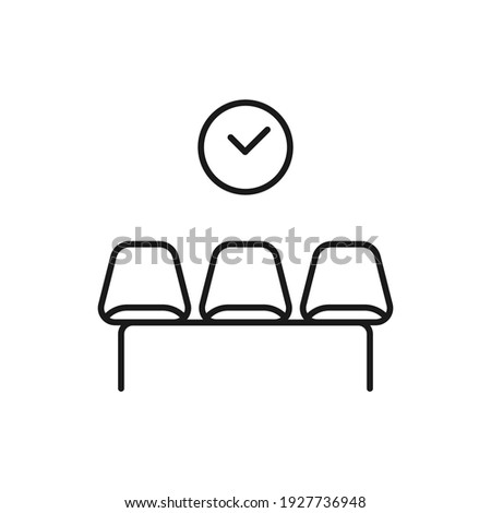 Waiting room icon. Black thick outline. Three empty chairs. A clock on the wall. Vector illustration, flat design