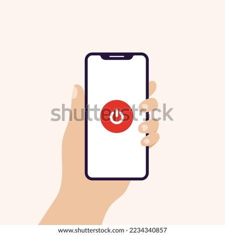 Hand holding smart phone in vertical position banner. Concept of mobile phone addiction, turn off. Vector illustration, flat design