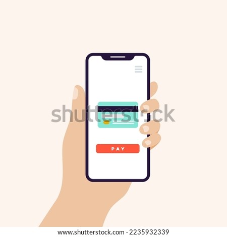 Hand holding smart phone in vertical  position banner. Screen with credit card icon and pay button.Concept of online payment, banking. Vector illustration, flat design