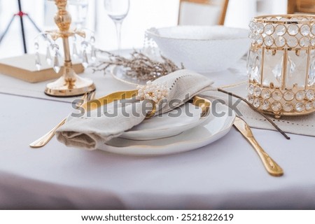 Similar – Image, Stock Photo Flatlay of blue linen bed cloths and pillow, morning concept