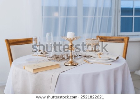 Similar – Image, Stock Photo Flatlay of blue linen bed cloths and pillow, morning concept