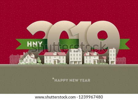 Happy New Year 2019 in town. Vector greeting card design element. Elements are layered separately in vector file.
