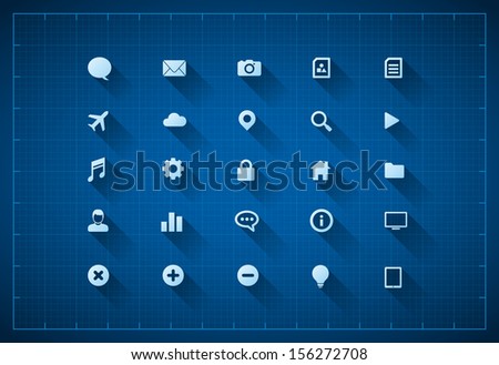 Vector flat long shadow icon set on blueprint background. 