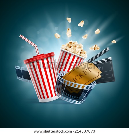Popcorn box; disposable cup for beverages with straw, film strip, clapper board and ticket. Cinema Poster Design Template. Detailed vector illustration. EPS10 file.