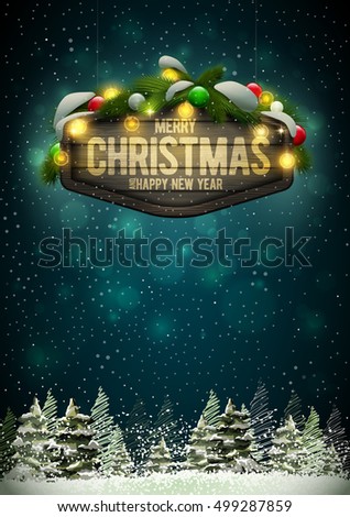 Vector wooden Christmas and New Year signboard with pine branch, balls and light bulbs. Night pine forest scene background. Elements are layered separately in vector file.