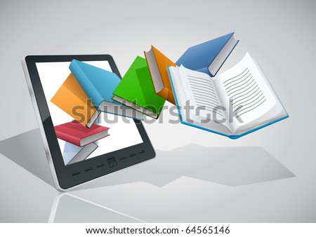 E-book reader and books. Vector illustration. Elements are layered separately. Easy editable.