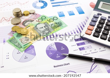 australia dollar currency on financial charts, expense cash flow summarizing and graphs background, concepts for saving money, budget management, stock exchange, investment and business income report