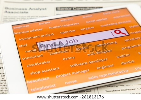 Orange tablet screen fill with difference career words.  Internet website for online job search having wording \