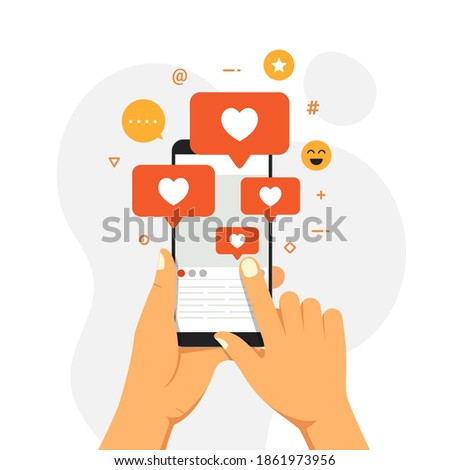 Social Media Influencer Concept Showing people bringing likes and reactions to a social media profile on a smartphone for get engagement. hand with phone vector illustration