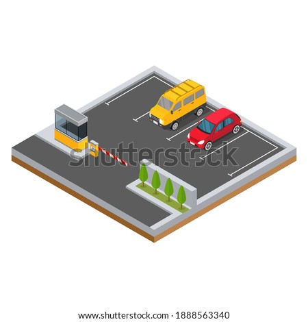 Isometric car in the parking area with trees design concept vector illustration