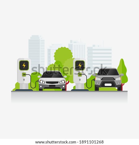 Charging station design concept. Electric vehicle charging technology at parking area vector illustration