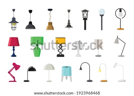 Lamps of different types collections flat style vector illustration