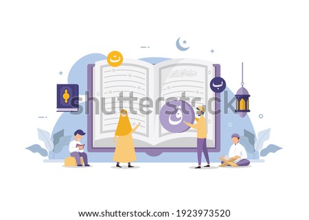 Muslim people reading and learning the quran islamic holy book design concept vector illustration