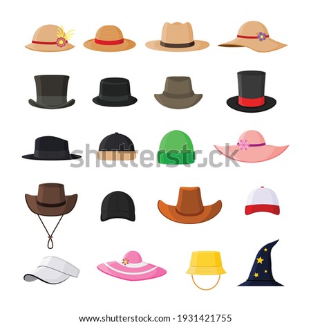 Set of hats in various model stylish, vintage and modern flat vector illustration