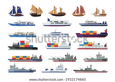 Set of maritime ship collections shipping boats, sail boat, ocean ships, yacht sailing boats, cargo ships water transport vector illustration
