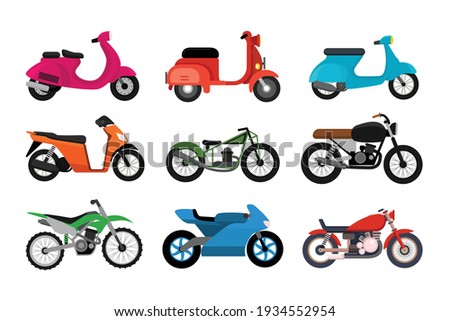 Set of different motorcycles model isolated on white background vector illustration