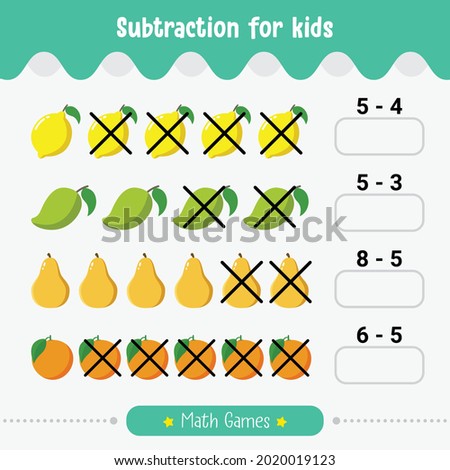 Educational Math Children Game Subtraction For Kids Math Worksheet vector illustration
