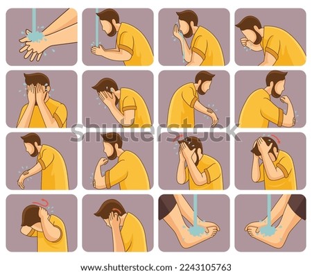 Set illustration of muslim ablution procedure