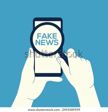 Fake news. Hand holding magnifying glass scanning and check news on smartphone. Disinformation, propaganda on online news media concept vector illustration