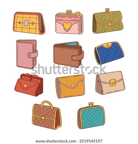 Set of Women Wallets Outline doodle hand drawn vector illustration