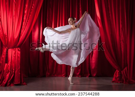 performance of professional dancers on stage with red curtain