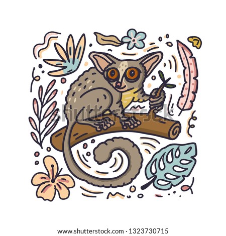 Hand drawn doodle style galago or bushbaby with flowers and leaves elements. Vector illustration.