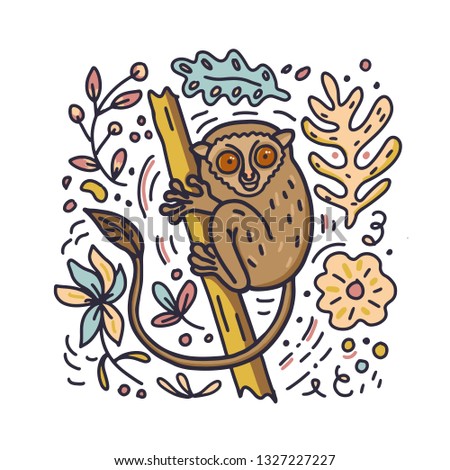 Hand drawn doodle style Philippine Tarsier with flowers and leaves elements. Vector illustration.