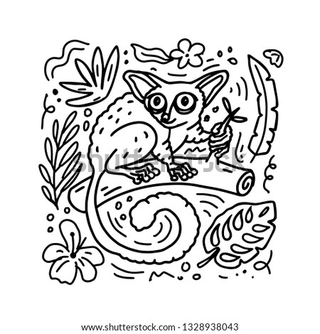 Hand drawn doodle style galago or bushbaby with flowers and leaves elements. Vector coloring book illustration.