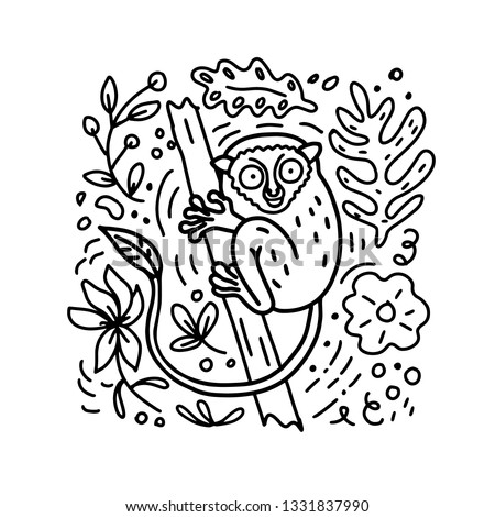 Hand drawn lanier doodle style illustration of Philippine Tarsier with flowers and leaves elements. Vector coloring book.