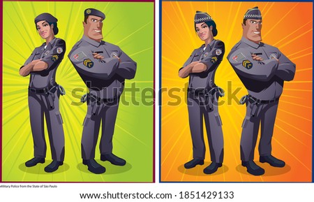 Couple of State Military Police officers posing in cartoon style with uniform of the state of Sao Paulo in Brazil. Vector illustration.