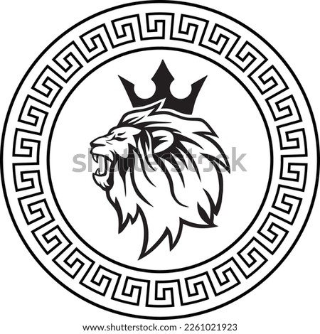 Circular design with lion head sketch art with the royal crown for stamps, logo, tattoos, and printing