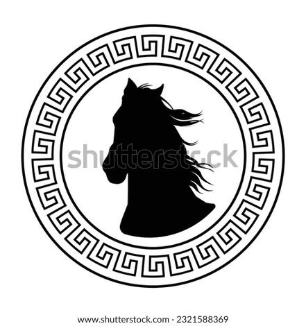Trending circular design with horse head sketch art with the fluttering hair for stamps, logo, tattoos, and printing