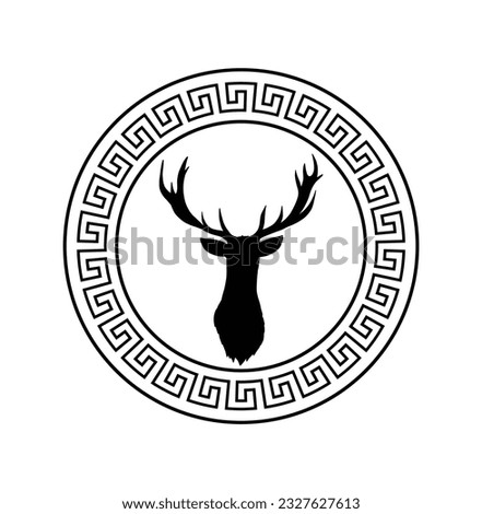 Trending circular design with stag head sketch art, deer with gorgeous horns for stamps, logo, tattoos, and printing