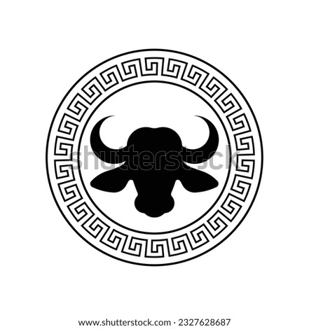 Trending circular design with Bull head sketch art, wild beast with gorgeous horns for stamps, logo, tattoos, and printing
