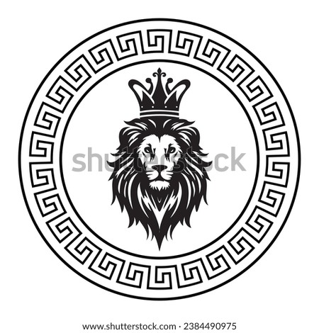 Circular emblem style lion head with the royal crown logo design. Can be used for stamps, logos, tattoos, and printing on shirts and mugs