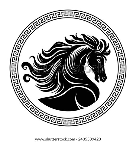 Circular design with fluttering haired horse sketch art for stamps, logos, tattoos, and printing