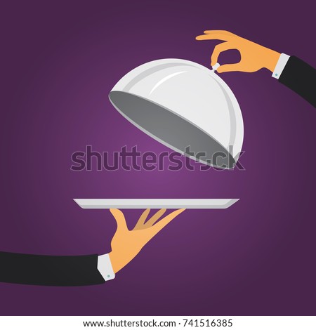 Silver cloche in hand. Restaurant plate in elegant waiter hand. Food serving tray. Vector illustration in modern flat style.