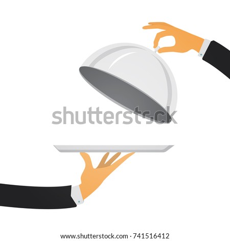 Silver cloche in hand. Restaurant plate in elegant waiter hand. Food serving tray. Vector illustration in modern flat style.