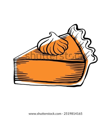 Pumpkin pie slice drawing, vector outline illustration, engraving, black line and orange stain, sketch style, isolated on a white background