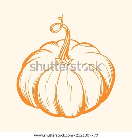 Pumpkin sketch drawing, orange outline on beige background, vector illustration