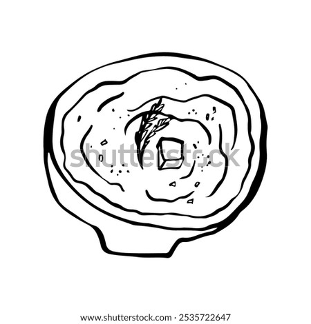 Mashed potatoes in a bowl, doodle sketch drawing, vector illustration, black line on a white background